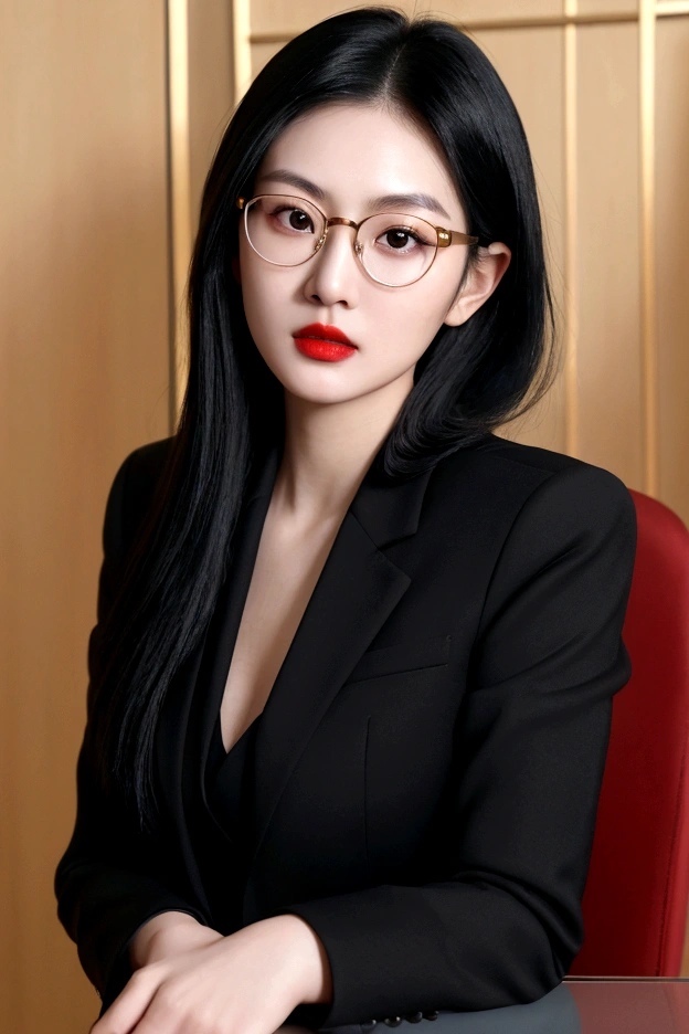 Close-up portrait of a young East Asian woman with long black hair and round gold-rimmed glasses. She is wearing a black suit jacket. Her expression is serious, looking directly at the camera. Pale skin with red lips. Background is blurred, suggesting an indoor setting. Soft, natural lighting. High-resolution, detailed image with sharp focus on the face