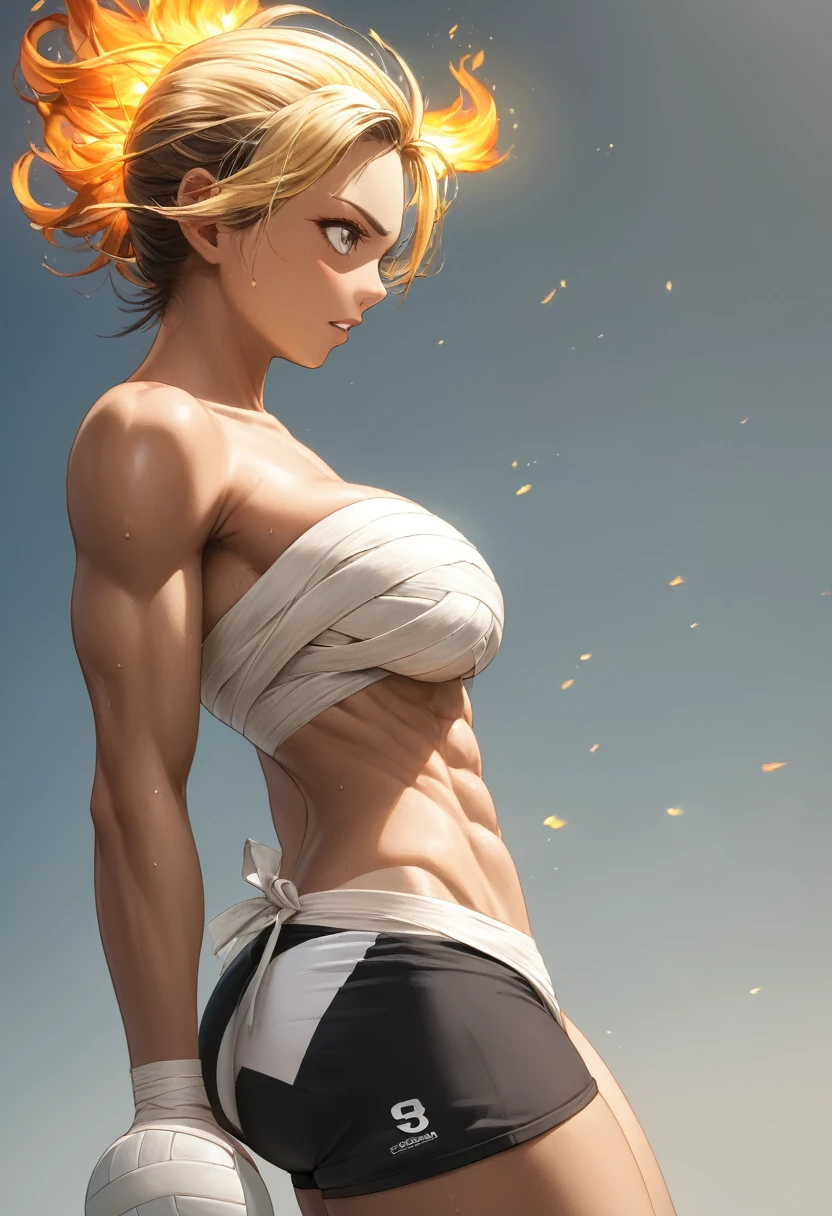Prompt
detailed illustration, (front view), (side view),dynamic angle, ultra-detailed, illustration, clean line art, shading, anime, detailed eyes, detailed face, beautiful face, dramatic lighting, detailed illustration, dynamic angle, ultra-detailed, illustration, single woman
Fit, toned abs, ((volleyball shorts)), ((fundoshi breast wrap)), big round ass, big tits, caramel tan skin, dark skin tone, wide hips, narrow waist, thunder thighs, (blazing blonde hair), (glowing eyes), glowing sclera, muay thai wraps, small strong biceps, sweat, ((bandaged breasts)), flaming hair, hair is fire, flames rolling down skin, clothes catching on fire, embers, sweats fire, sweat is fire, tan lines, Hispanic, Latina, tight pants, bandage wrapped around chest, brown skin, angry, mad, yelling, fists on fire, fighting