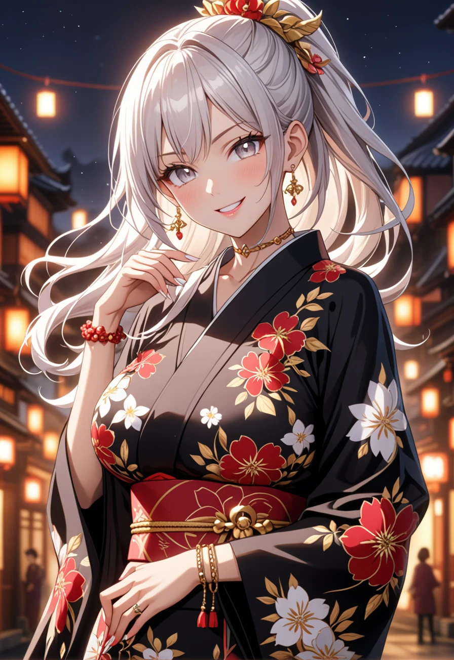 ((One personの女の子)), Beautiful Face, (Laughing embarrassedly), ((smirk:1.2)), ((Wink:1.7)), (head tilt:1.3), upper teeth, looking at viewer, ((full-face brash:1.5)), ((Big Breasts:1.4)), night,Countryside landscape, Glossy Red Lips, (Brighten your face), ((Black long sleeve kimono:1.8)), ((Anime style background)),masterpiece, Highest quality, so beautiful,up to date, Complex details, (Pink long nails), (nail art), (ring),(bracelet),(Floral choker), AI-generated, Complex,High resolution, Highest quality, super high quality,3D Images、3D Images,One person,Long white hair,High Ponytail, Anime woman posing for a photo, ((Silvery white eyes:1.5)), ((Fine grain、Silvery white eyes、Shining Eyes:1.3)), (Squint your eyes:1.1),a hyperRealistic , hyperRealistic , Realistic,Anime woman with long white hair, Smooth anime CG art, (A woman in a colorful kimono with gold embroidery),(Red floral pattern),Long flower hair ornament,Earrings,Mature Body,Abdominal muscles,Tight waist, ((Zoom in on face:2.1)), (front view:1.3),