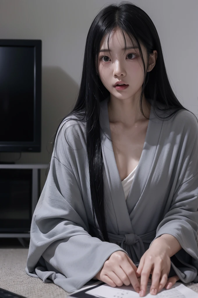 Sadako, soaking, wet robe, gray colored skin, Hair covers the face, sexy for.Sadako crawled out of the TV,A woman lying on the floor in front of the TV, japanese horror, style of hajime isayama, japanese horror movie footage, junji it's 4k, japanese pop surrealism、Super sexy and super cute Japan girl