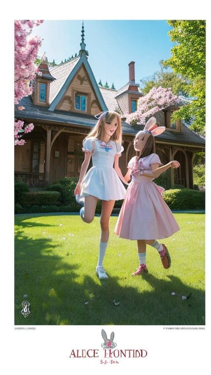 2 girls,Alice and a bunny girl,Alice in Wonderland is chasing a bunny girl,front view,