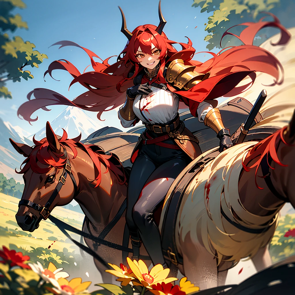 a young Korean woman with golden eyes and lush red hair and large horns, wet bronze skin, a huge chest, a predatory grin, a smile, dressed in a red coat stained with blood and dirt with black fur and rolled up sleeves, heavy golden armor, a wide leather red belt with a large golden yarn, black leather pants, leather gloves, gallops on a horse loaded with bags across a flower meadow against the backdrop of high mountains and forests,