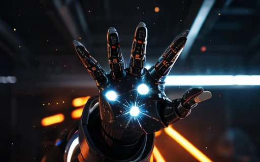Hand in palm pointing towards the viewer, hand-shot leisure shot, The robot uses laser fire at the viewer, A robot has the palm of its hand showing the viewer, setting frozen planet blizzard