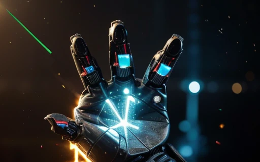 Hand in palm pointing towards the viewer, hand-shot leisure shot, The robot uses laser fire at the viewer, A robot has the palm of its hand showing the viewer, setting frozen planet blizzard