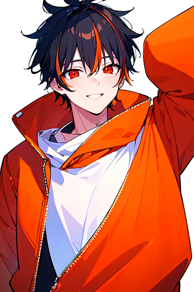 [(WHITE BACKGROUND:1.5),::5], ((((masterpiece)))), high quality, ultra very high resolution, full color, (((solo))), ((little boy)), black hair, ((orange streaked hair)), (red eyes), anime, ((upper body)), neon light, black parka, light smile