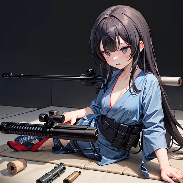 (Fox Girl, Fox Ears, Black colored hair, Fox Makeup, One Girl, Long Hair:1.6), (kimono, Kimono with open chest, A beautiful kimono with red and black patterns, I can see her cleavage, Open chest, Exposed skin:1.8), (Body measurements are 75-60-75!, Young girl body, Small breasts, Small breasts, Emphasize the chest, Sniper, Prone, 50caliber, Have a weapon, sniper rifle:1.9), Avatar, face, lewd face, Dominant representation, naughty face, Uplifting, Skin Texture, outside, Grassy field