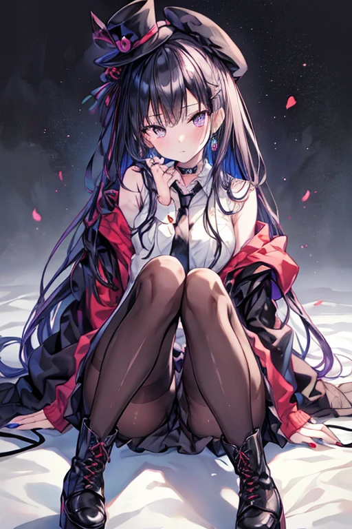(masterpiece:1.2), best quality,PIXIV,Sweet girl , 1girl, fishnets, black hair, boots, long hair, black nails, skirt, shirt, solo, black footwear, bag, black skirt, jewelry, sitting, jacket, on head, black jacket, bangs, necktie, earrings, nail polish, white shirt, fishnet pantyhose, pantyhose, platform footwear, multicolored hair, looking at viewer, full body, bottle, own hands together, belt, jacket on shoulders, food, animal on head, black necktie, ring, choker, english text, collared shirt, grey eyes, platform boots, hat, cross-laced footwear, lace-up boots