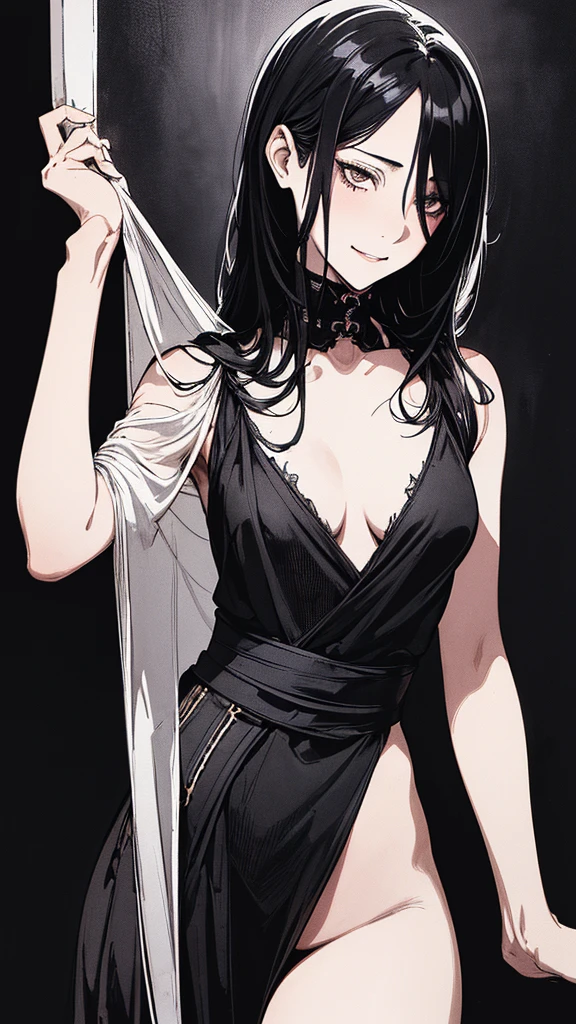 Description: black background, (background details), high contrast, very beautiful woman, detailed original illustration, functional, Kunoichi, ninja costume, black hair, delicate face, charm, bad girl, sexy, real breasts, small breasts crazy smile, crazy eyes, black background, (black background:1.4) monochrome, black and white painting