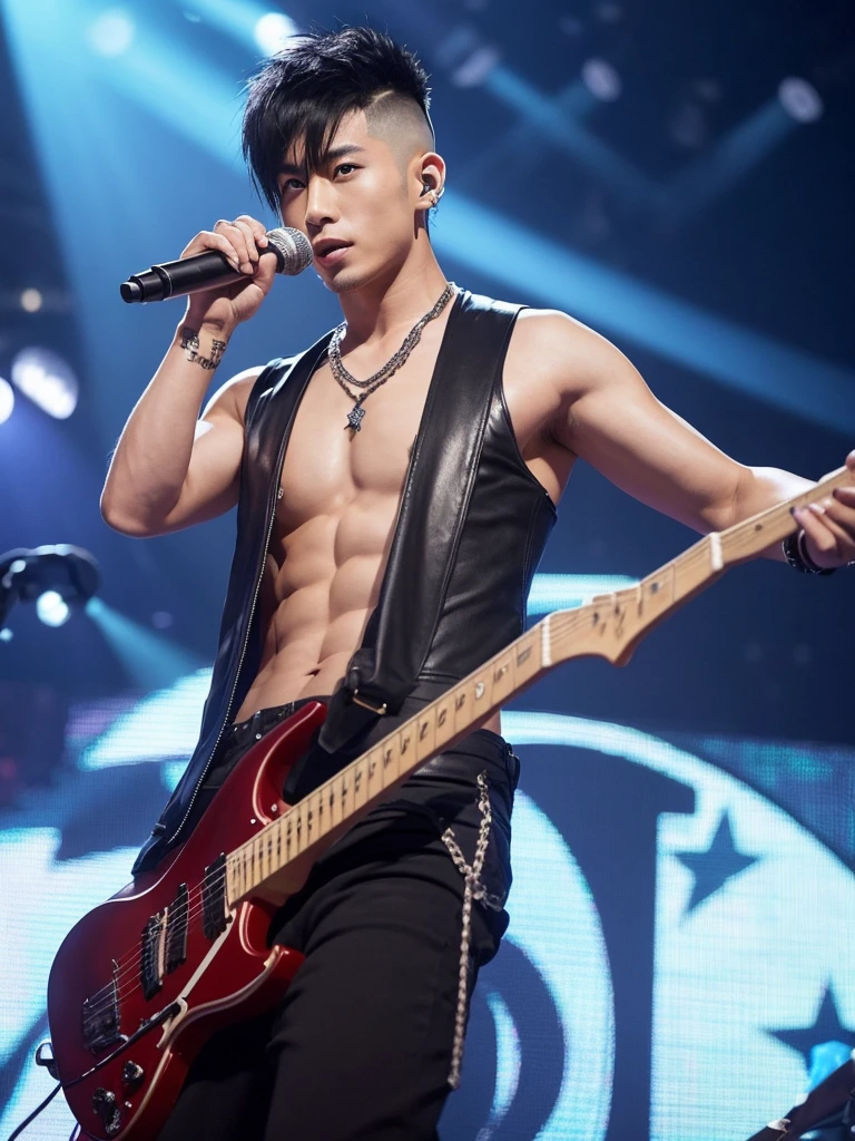 35-year-old Chinese-Japanese man, Idol and singer of a musical group a Rockstar, with a skin fade haircut with a toupee, defined abs, Cold look, similar to sid vicious