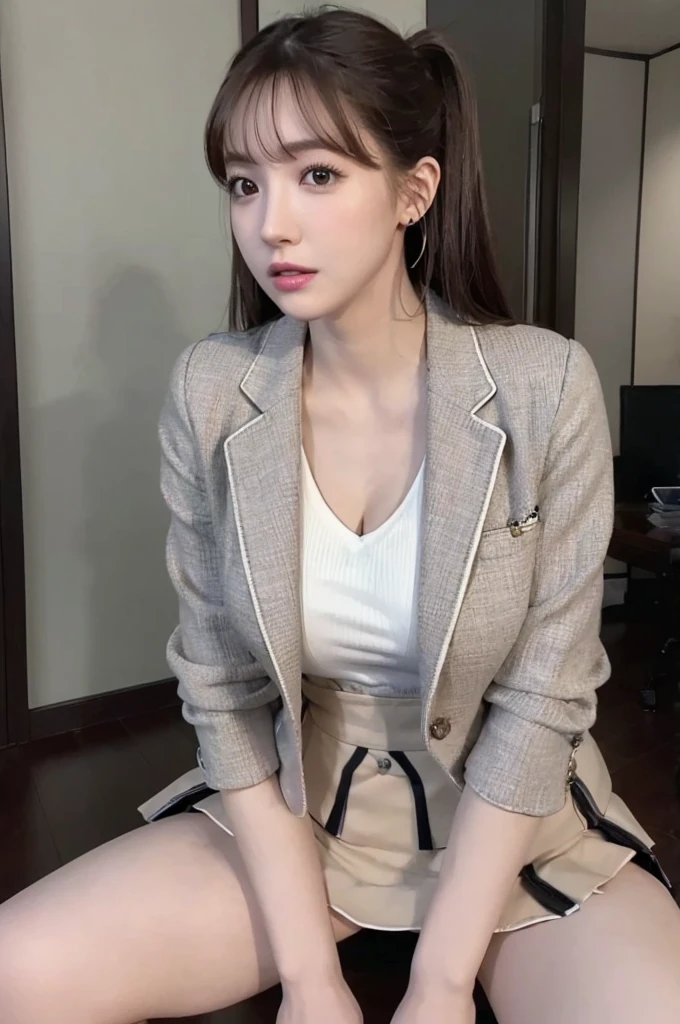 ((8K)), (RAW photo), (Realistic), (photo-realistic), ultra high resolution, masterpiece, highest quality, perfect lighting, professional lighting, detailed lighting, dramatic shadow, ray tracing, (((sharp focus))), 1 Japanese beautiful lady, 30 years old, cleavage, slender body type, beautiful detailed brown eyes, medium breasts, big thick thighs, medium messy hair, light brown hair, half open mouth, looking at viewer, ((business jacket:1.5)), ((business mini skirt:1.5)), in office, ((whole body shot)), night, (intense ecstasy:1.5),