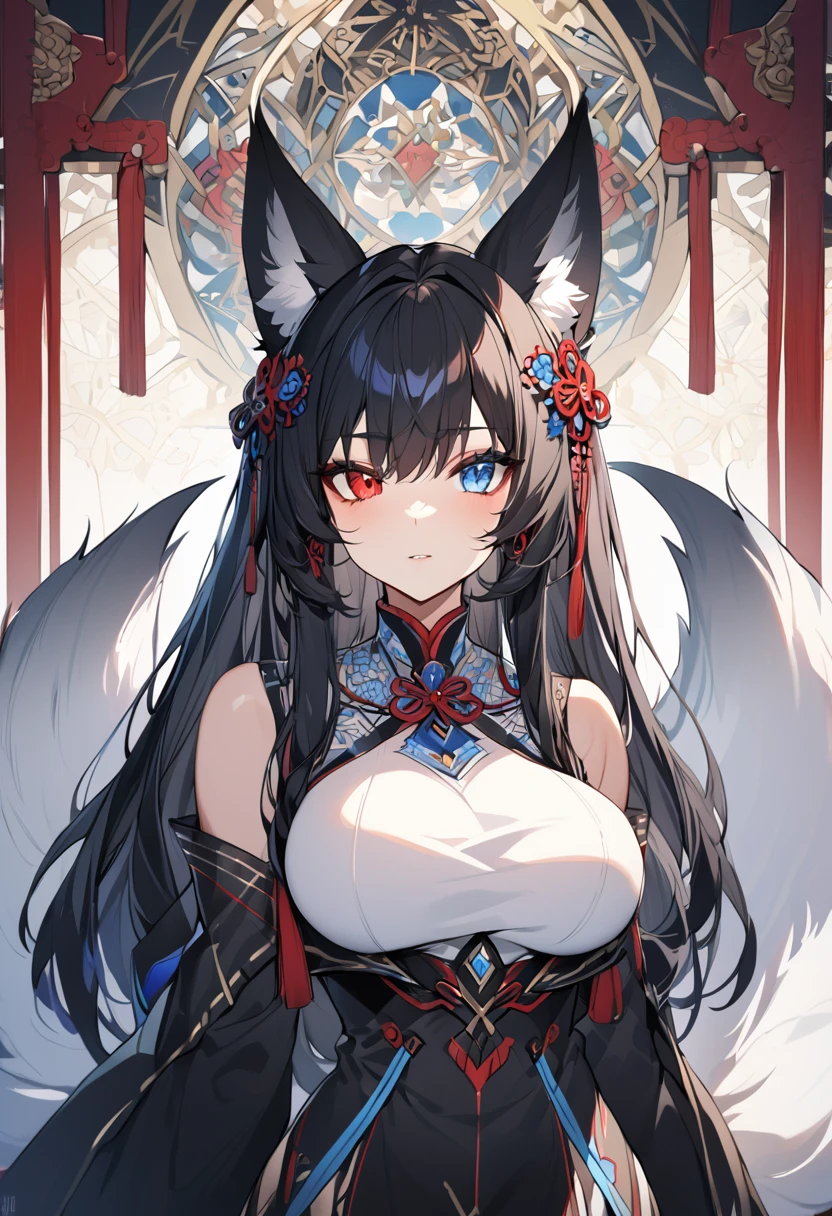 a beautiful blue and black kitsune, detailed intricate portrait, 1girl, long black hair, slim waist, big breasts, long white tail, heterochromia (one blue eye, one red eye),