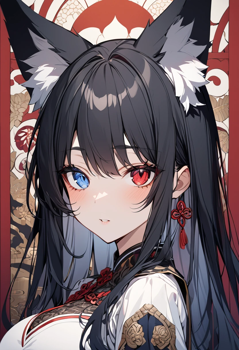 a beautiful blue and black kitsune, detailed intricate portrait, 1girl, long black hair, slim waist, big breasts, long white tail, heterochromia (one blue eye, one red eye),