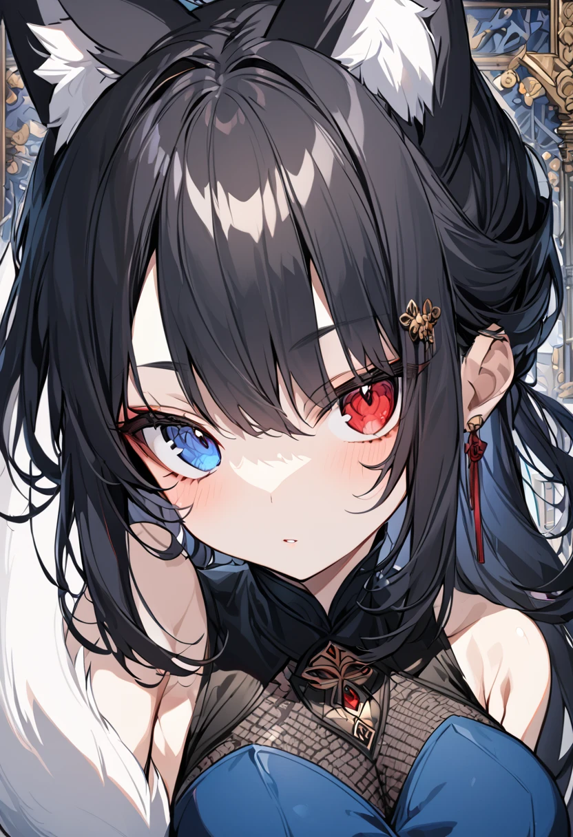 a beautiful blue and black kitsune, detailed intricate portrait, 1girl, long black hair, slim waist, big breasts, long white tail, heterochromia (one blue eye, one red eye),
