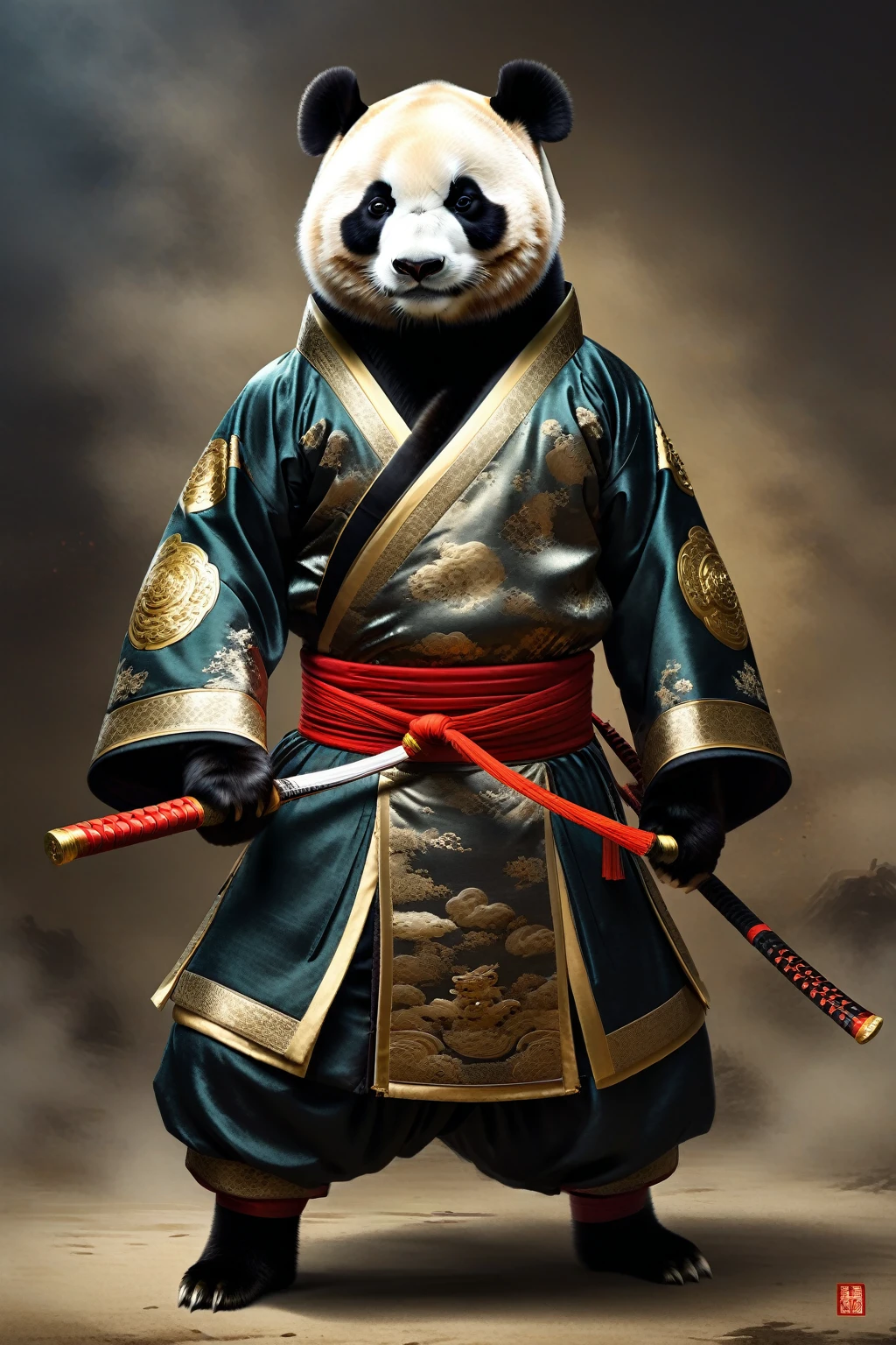 Highest quality, Ultra-high resolution, (Realistic:1.4), RAW Photos, (panda:1.1), Japanese style, kimono, Rin々Shii, Samurai, bamboo forest, Feel the wind, front, Standing posture