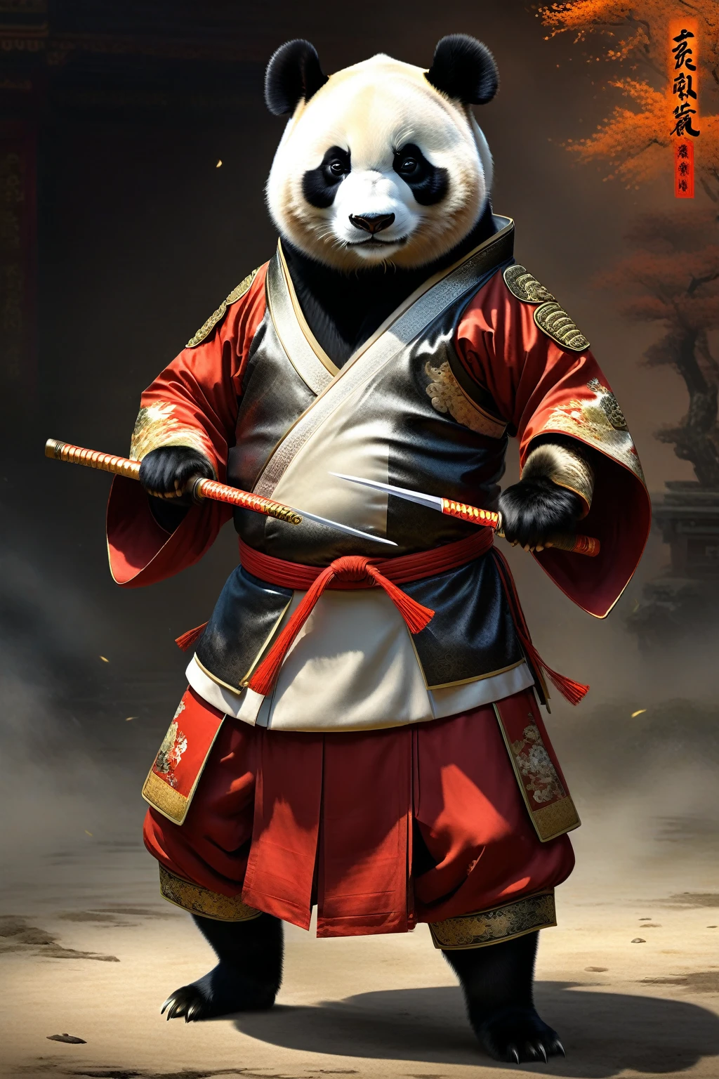 Anthropomorphic Panda, male, Full body portrait, Frontal lobe, Stance before the fight, Surreal, Detailed fur texture, Sharp eyes, Serious expression, The background is the arena,Chinese Tang Dynasty style,Tang Dynasty Martial Arts Arena, 8k resolution, Very detailed, Clear focus, Textured fabrics,Wearing traditional Chinese clothing,Traditional Chinese Kung Fu Clothing,Tang Suit,Tang Dynasty martial arts clothes