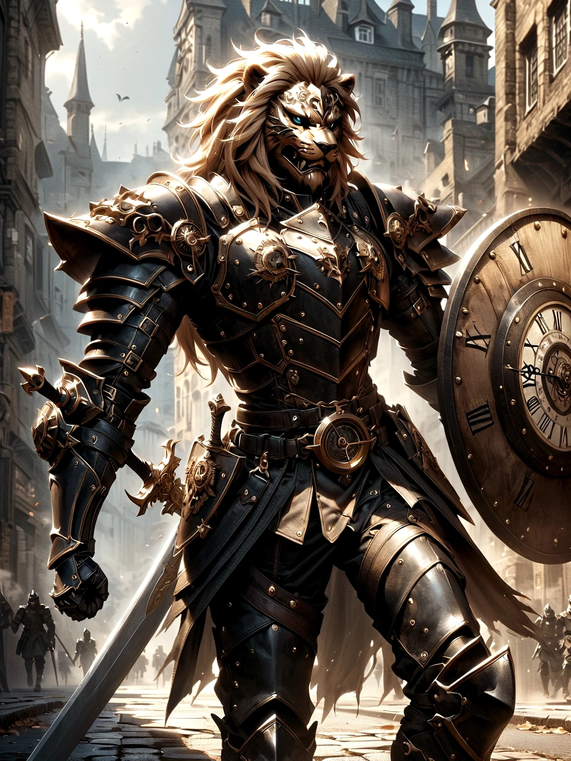 Lion Knight wearing combat uniform, on the street, black armor, Clock designs, Black Lion Man, Black Color armor, Sword and Shield