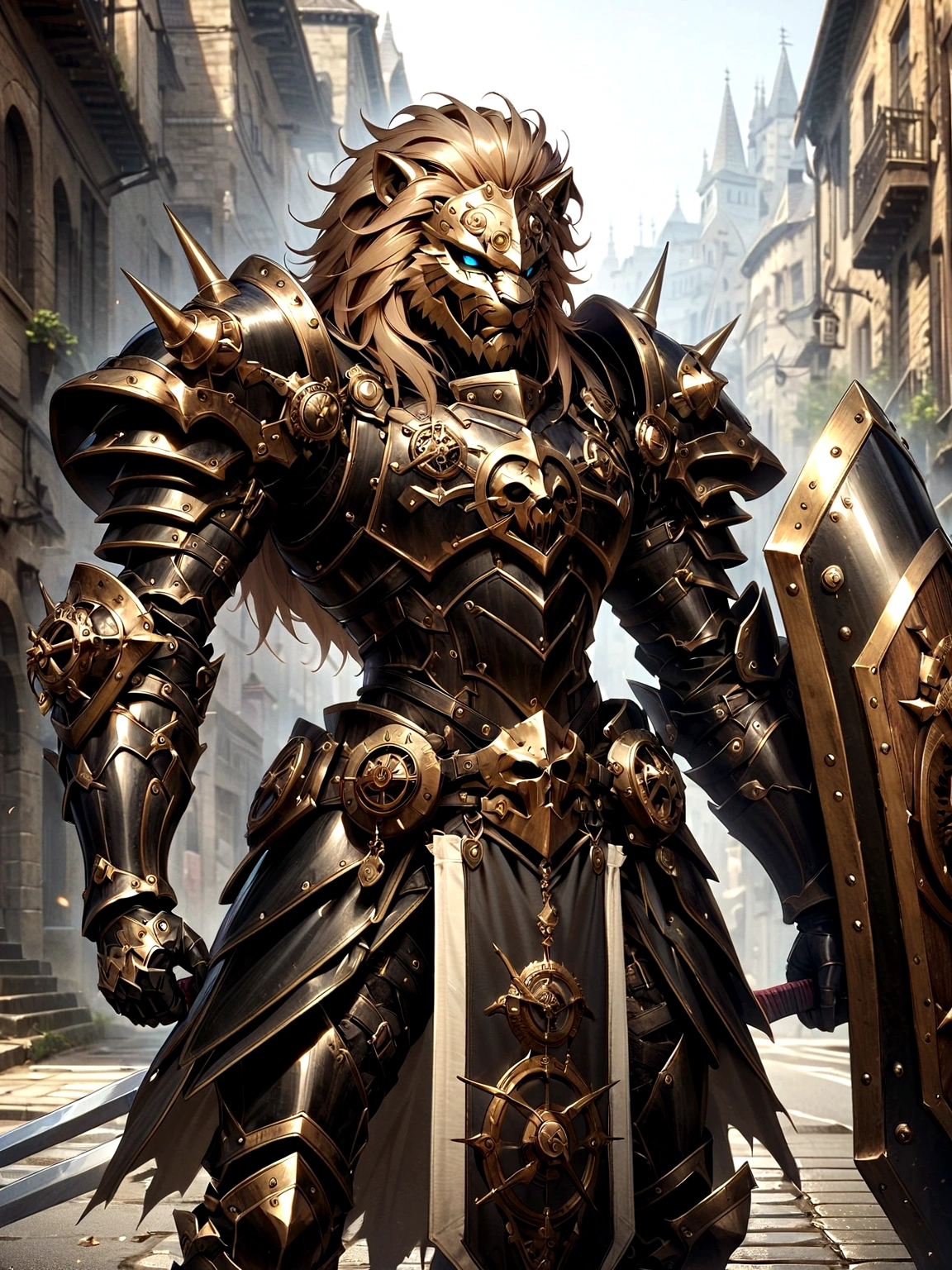 Lion Knight wearing combat uniform, on the street, black armor, Clock designs, Black Lion Man, Black Color armor, Sword and Shield