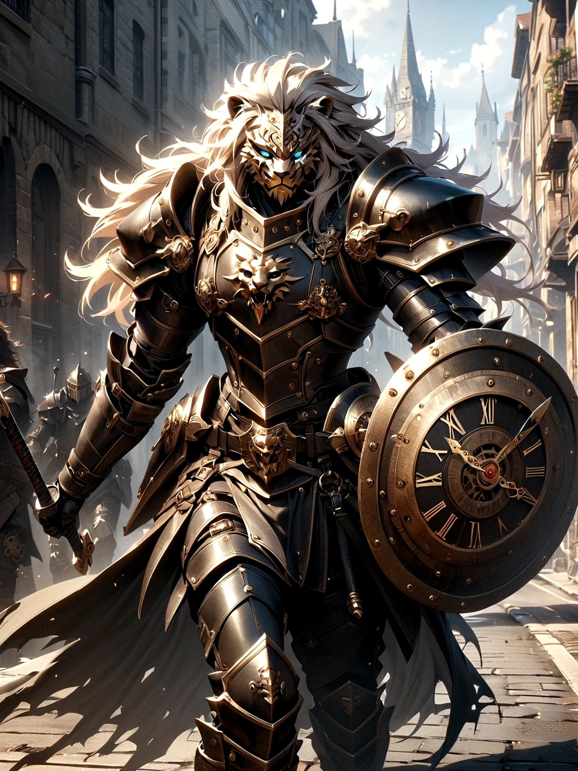 Lion Knight wearing combat uniform, on the street, black armor, Clock designs, Black Lion Man, Black Color armor, Sword and Shield