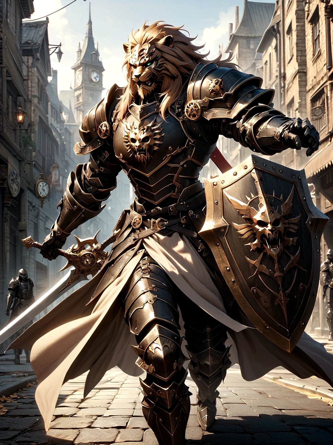 Lion Knight wearing combat uniform, on the street, black armor, Clock designs, Black Lion Man, Black Color armor, Sword and Shield