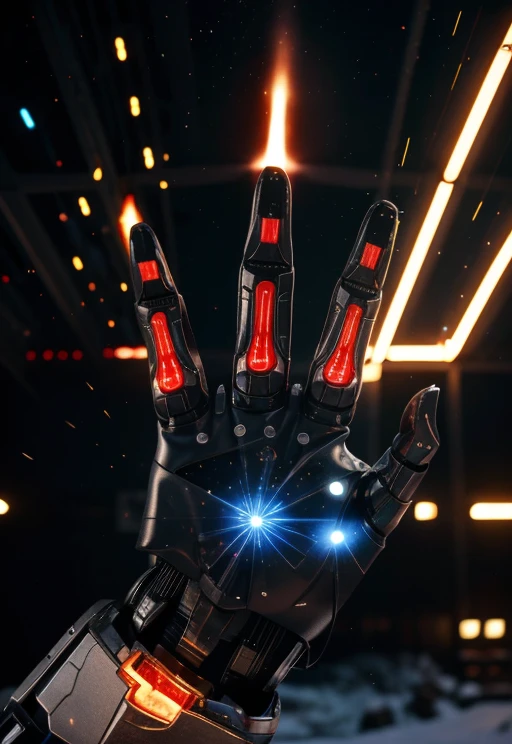 Hand in palm pointing towards the viewer, hand-shot leisure shot, The robot uses laser fire at the viewer, A robot has the palm of its hand showing the viewer, setting frozen planet blizzard