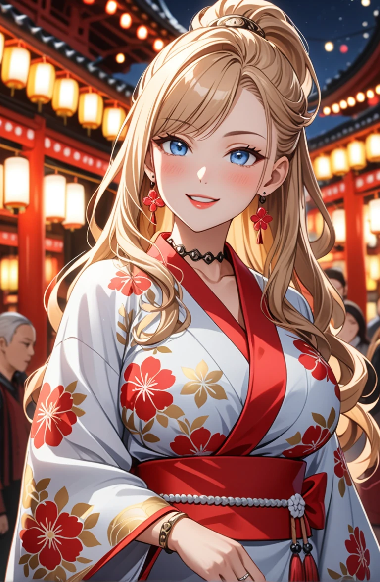 ((one girl)), Beautiful Face, (Laugh shyly), ((laugh:1.3)), ((Wink:1.6)), Laughing with your mouth open,(Tilt your head:1.3), (Upper teeth), View your viewers, ((Bright red cheeks:1.6)),Glossy Red Lips, ((Big Breasts:1.4)) night, Shrine festival stalls, (Brighten your face), ((Anime style background)),masterpiece, Highest quality, so beautiful,Latest, Complex details, (Pink long nails), (nail art), (ring),(bracelet), (ring helix piercing:1.7), (Floral Choker),AI-generated, Complex,High resolution, Highest quality, super high quality,3D Images、3D Images,One person,Blonde long hair,(High Ponytail), (Wavy Hair), Anime woman posing for a photo, ((Fine grain、blue eyes、Shining Eyes:1.4)), (Squint your eyes:1.1),a hyperRealistic , hyperRealistic , Realistic,Long blonde anime woman, Smooth anime CG art, Pink large floral patternの刺繍が入った、Woman in luxurious kimono, ((White long-sleeved kimono)),(Pink large floral pattern) ,Long flower hair ornament,Floral Earrings,Mature Body, expensive,Abdominal muscles,Tight waist,((Zoom in on face:1.8)), (front view),
