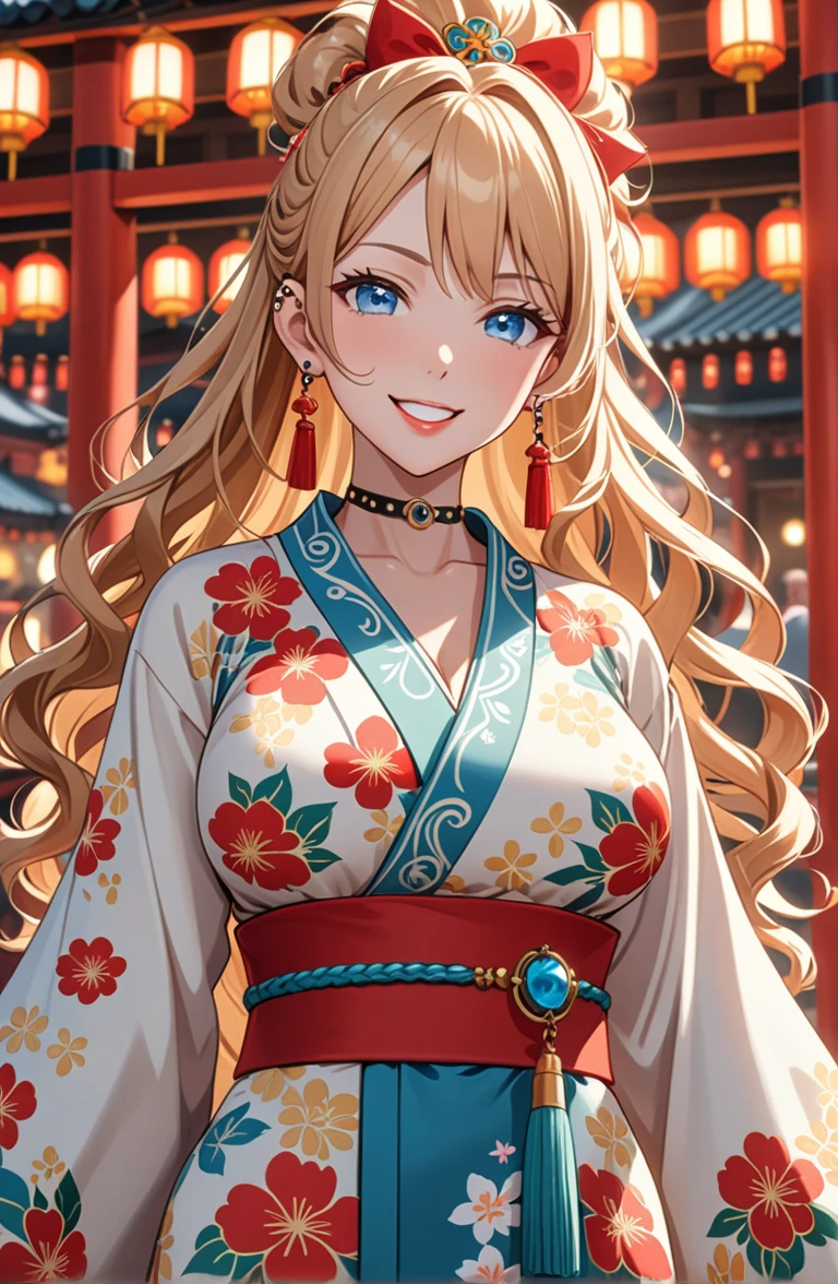 ((one girl)), Beautiful Face, (Laugh shyly), ((laugh:1.3)), ((Wink:1.6)), Laughing with your mouth open,(Tilt your head:1.3), (Upper teeth), View your viewers, ((Bright red cheeks:1.6)),Glossy Red Lips, ((Big Breasts:1.4)) night, Shrine festival stalls, (Brighten your face), ((Anime style background)),masterpiece, Highest quality, so beautiful,Latest, Complex details, (Pink long nails), (nail art), (ring),(bracelet), (ring helix piercing:1.7), (Floral Choker),AI-generated, Complex,High resolution, Highest quality, super high quality,3D Images、3D Images,One person,Blonde long hair,(High Ponytail), (Wavy Hair), Anime woman posing for a photo, ((Fine grain、blue eyes、Shining Eyes:1.4)), (Squint your eyes:1.1),a hyperRealistic , hyperRealistic , Realistic,Long blonde anime woman, Smooth anime CG art, Pink large floral patternの刺繍が入った、Woman in luxurious kimono, ((White long-sleeved kimono)),(Pink large floral pattern) ,Long flower hair ornament,Floral Earrings,Mature Body, expensive,Abdominal muscles,Tight waist,((Zoom in on face:1.8)), (front view),