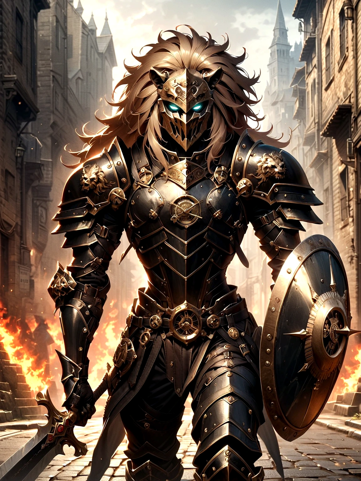 Lion Knight wearing combat uniform, on the street, black armor, Clock designs, Black Lion Man, Black Color armor, Sword and Shield