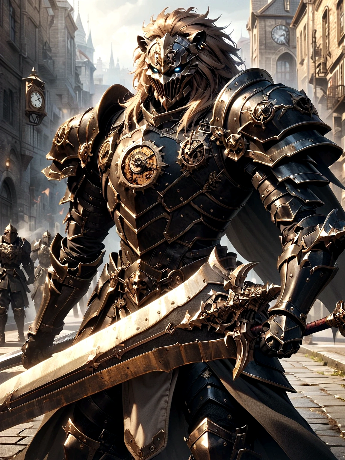 Lion Knight wearing combat uniform, on the street, black armor, Clock designs, Black Lion Man, Black Color armor, Sword and Shield