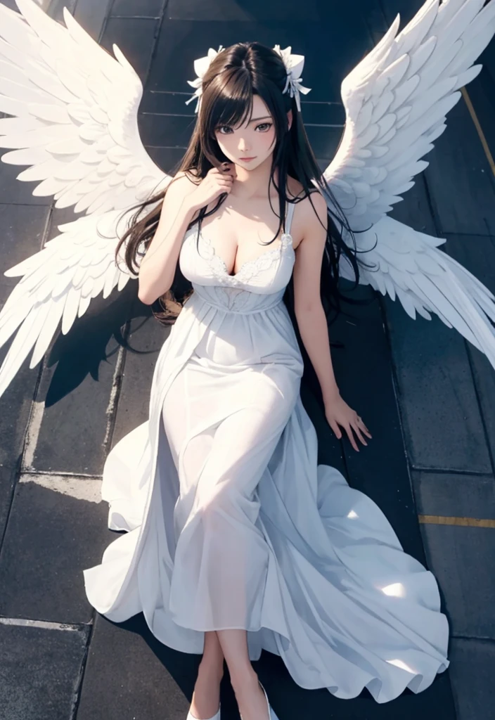 cloud, fog, full_moon, moon, moonlight, mountain, night, night_sky, outdoors,
Standing in the sky,
White_dress,White_shirt,collarbone, short_sleeves,,white_feathered_wings,
purple_hair,Bangs,Long_hair,
1 girl, 30yo,mature female,Beautiful Finger,Beautiful long legs,Beautiful body,Beautiful Nose,Beautiful character design, perfect eyes, perfect face,
looking at viewer,light_Smile,
NSFW,official art,extremely detailed CG unity 8k wallpaper, perfect lighting,Colorful, Bright_Front_face_Lighting,
(masterpiece:1.0),(best_quality:1.0), ultra high res,4K,ultra-detailed,
photography, 8K, HDR, highres, absurdres:1.2, Kodak portra 400, film grain, blurry background, bokeh:1.2, lens flare, (vibrant_color:1.2)
(Beautiful,Large_Breasts:1.4), (beautiful_face:1.5),(narrow_waist),