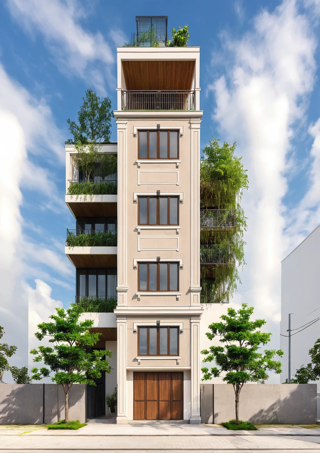 Raw photo,Masterpiece, high quality, best quality, authentic, super detail,
exterior, outdoors, house style neoclassic on the street ,aiaigroup, 1 story floor granite, 2 story brown walls
road,pavement, grass, trees, sky, cloud, (day:1.1)
