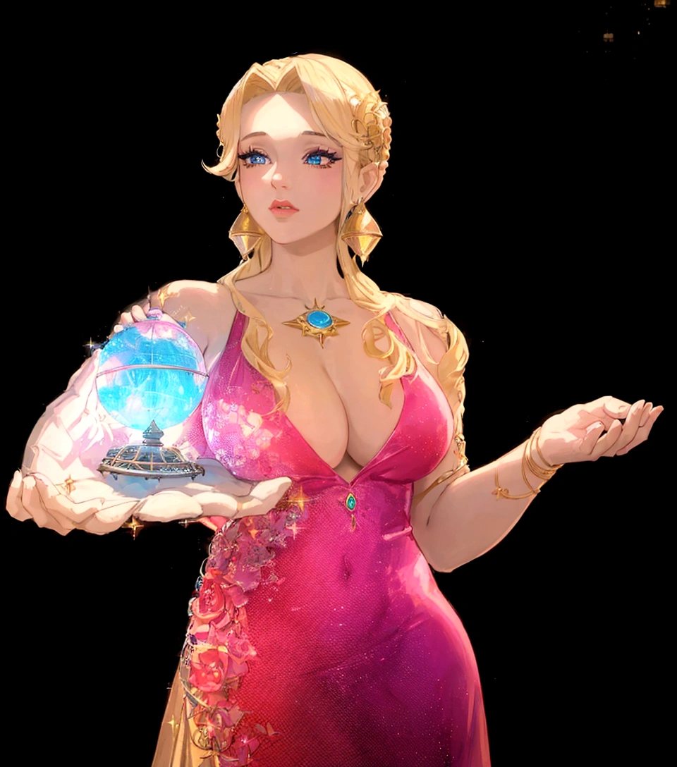 a closeup of a woman in a dress holding a bird cage, divine render, Cory Chase as an Atlantean., seductive hypnotist woman, Hermosa sorceress Stella Maeve, blonde girl in a cosmic dress, rendering of mirabel madrigal, 60s Sci-Fi Pinup style, 60s Sci-Fi Pinup, hermosa stella maeve sorceress