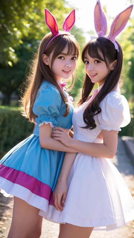 2 girls,Alice and a bunny girl,Alice in Wonderland is chasing a bunny girl,front view,