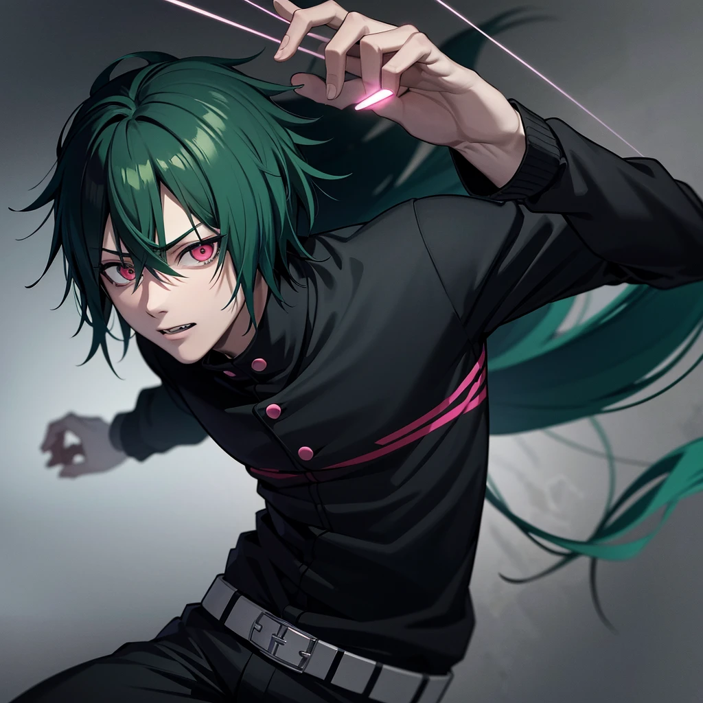 one japanese man, green hair, pink eyes, wearing black clothes, jujutsu kaisen background, high res, ultrasharp, masterpiece, jujutsu kaisen style