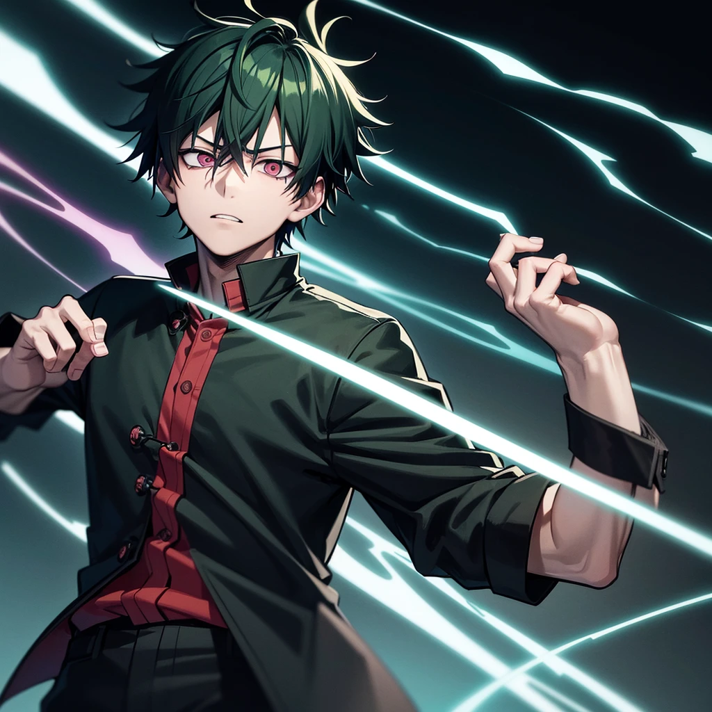 one japanese man, green hair, pink eyes, wearing black clothes, jujutsu kaisen background, high res, ultrasharp, masterpiece, jujutsu kaisen style