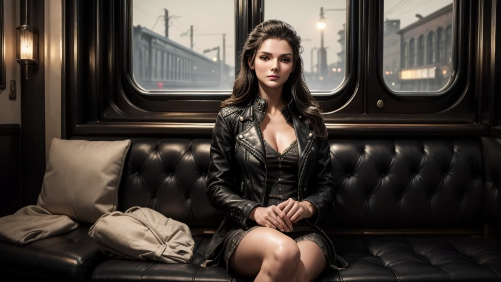 masterpiece, best quality, extremely detailed, hyperrealistic:1.1, photorealistic, a beautiful 20s russian model, ultra detailed face:1.1, black leather jacket, medium hair, in the night, in detailed train, sitting a seat, sea:1.1