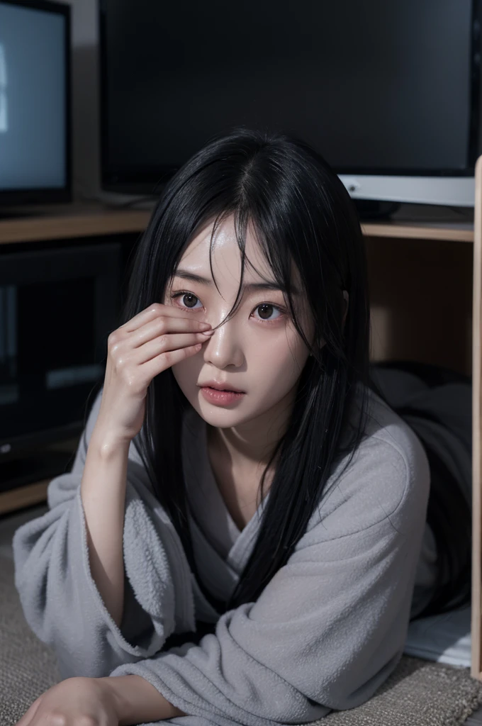 Sadako, soaking, wet robe, gray colored skin, Hair covers the face, sexy for.Sadako crawled out of the TV,A woman lying on the floor in front of the TV, japanese horror, style of hajime isayama, japanese horror movie footage, junji it's 4k, japanese pop surrealism、Super sexy and super cute Japan girl