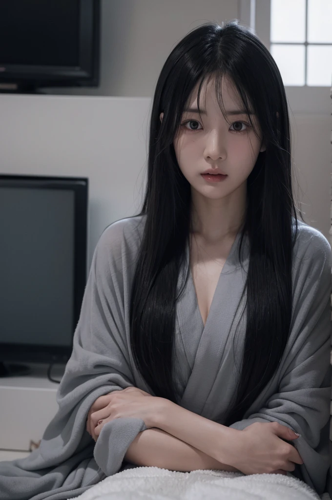 Sadako, soaking, wet robe, gray colored skin, Hair covers the face, sexy for.Sadako crawled out of the TV，A woman lying on the floor in front of the TV, japanese horror, style of hajime isayama, japanese horror movie footage, junji it&#39;s 4k, japanese pop surrealism、Super sexy and super cute Japan girl