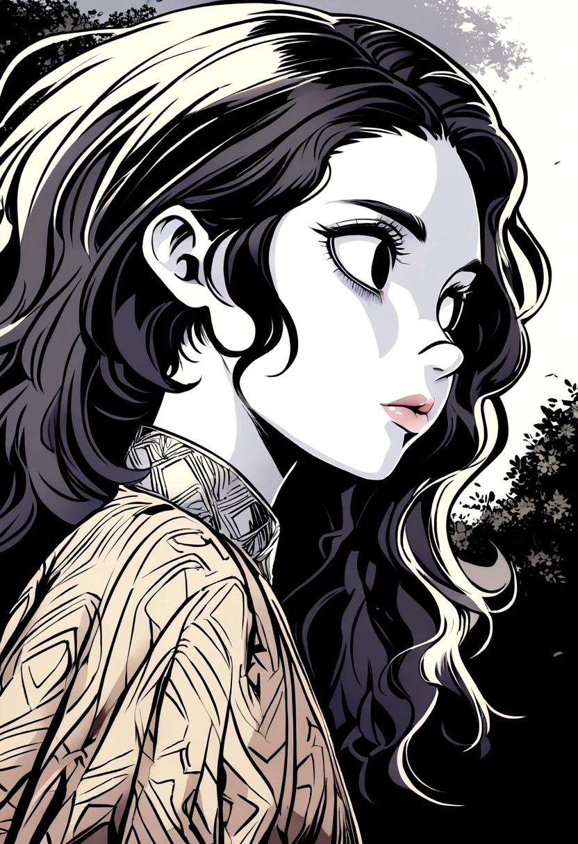 A twenty-six year old woman... with short black hair that used to be long and wide black eyes... a small nose and a small mouth with full lips and pale skin, medium height, manga style.