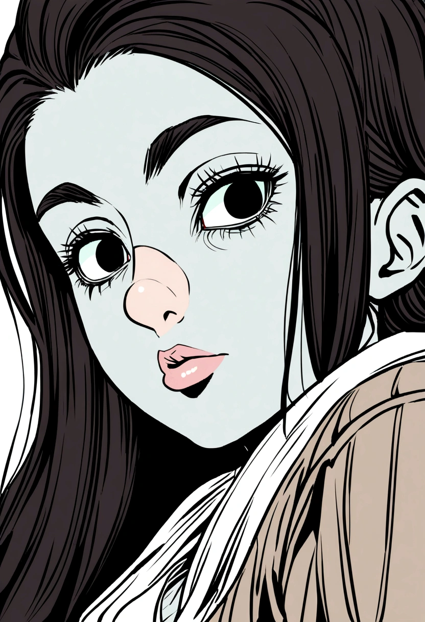 A twenty-six year old woman... with short black hair that used to be long and wide black eyes... a small nose and a small mouth with full lips and pale skin, medium height, manga style.