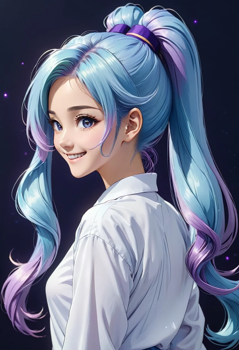    Beautiful light blue hair with long ponytails and light purple ends. An anime girl with long ponytails and a big hairband wearing a white fir shirt looks back at a happy and lively character standing on a simple abstract dark blue background, close-up( perfect anatomy )

               Beautiful and extremely fine texture，detailed, bright, High-quality animation style presentation