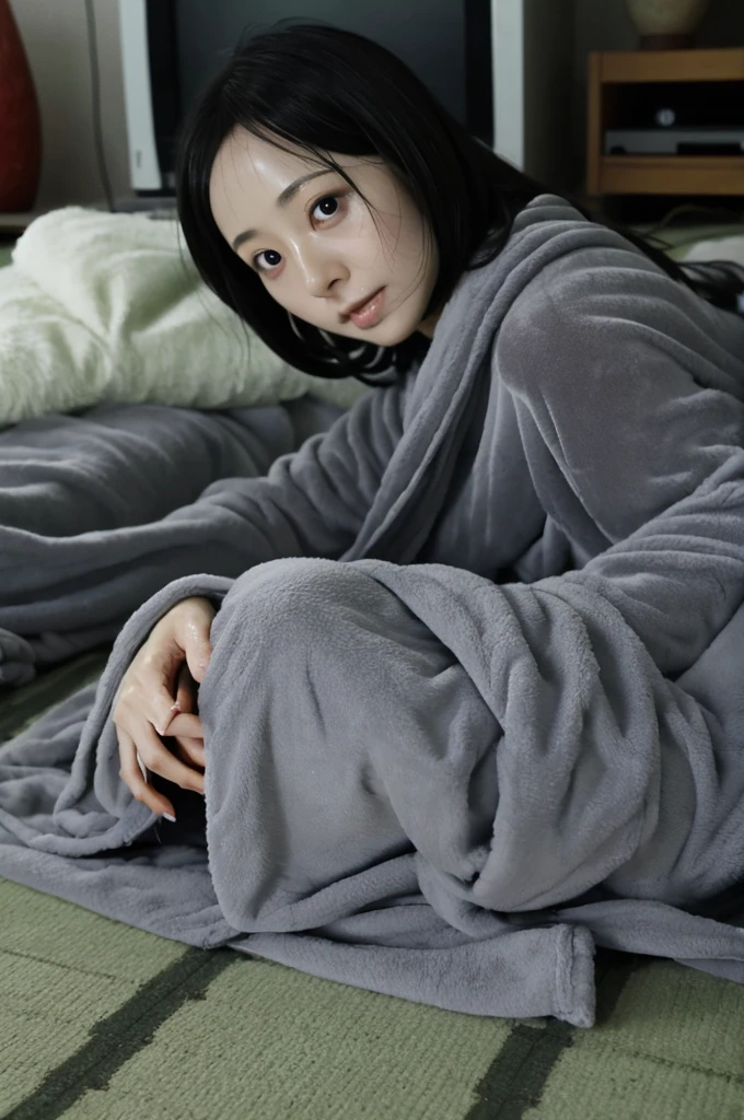 Sadako, soaking, wet robe, gray colored skin, Hair covers the face, sexy for.Sadako crawled out of the TV,A woman lying on the floor in front of the TV, japanese horror, style of hajime isayama, japanese horror movie footage, junji it's 4k, japanese pop surrealism、Super sexy and super cute Japan girl