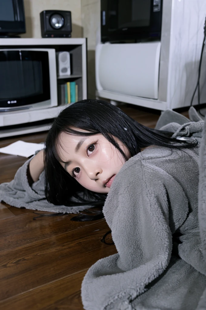 Sadako, soaking, wet robe, gray colored skin, Hair covers the face, sexy for.Sadako crawled out of the TV,A woman lying on the floor in front of the TV, japanese horror, style of hajime isayama, japanese horror movie footage, junji it's 4k, japanese pop surrealism、Super sexy and super cute Japan girl