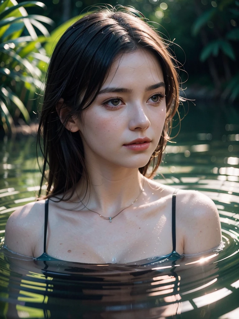 close up portrait of a cute woman (gldot) bathing in a river, reeds, (backlighting), realistic, masterpiece, highest quality, lens flare, shade, bloom, [[chromatic aberration]], by Jeremy Lipking, by Antonio J. Manzanedo, digital painting,
