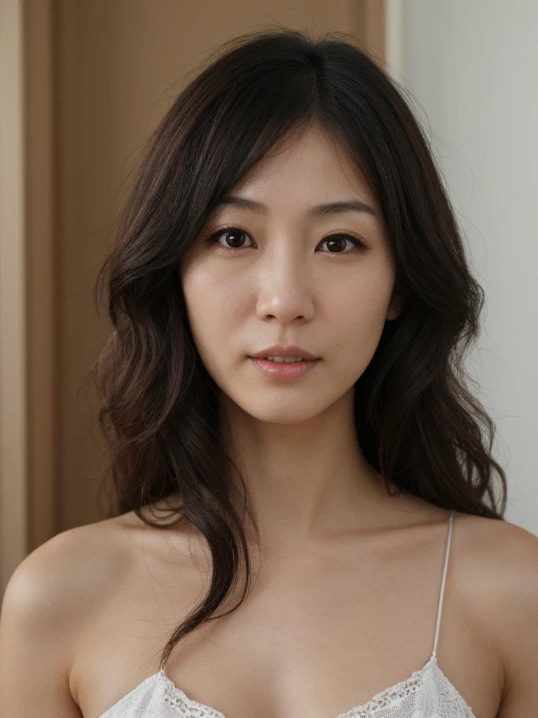 ((highest quality)), ((8K)), ((masterpiece: 1.3)), (Perfect appearance), (Photorealism: 1.6), (Ultra high definition), (1人のJapanese Mature), (Bedroom), (Faint lighting), (60 years old, Japanese Mature), (Her lips are slightly open), (Gentle expression), ((Realistic skin texture)), (Fine lines all over the skin), (Dull skin), (Facial wrinkles), (Wrinkles around the eyes), double eyelid, Tear bags under the eyelids, (Long Hair), (Completely naked: 1.4), (Upper body portrait: 1.2),