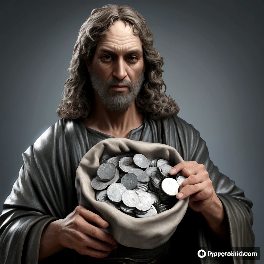 blurred image of a man holding a bag of coins, Epic 3D illustrations, hyperrealistic illustration, arte conceitual de deus, epic biblical representation, hypperrealistic illustration, realistic illustration, by Roman Bezpalkiv, hyper realistic illustration, he has a treasure with him, represented as a 3D rendering, rendered art, ultra realistic illustration, ultrarealistic illustration