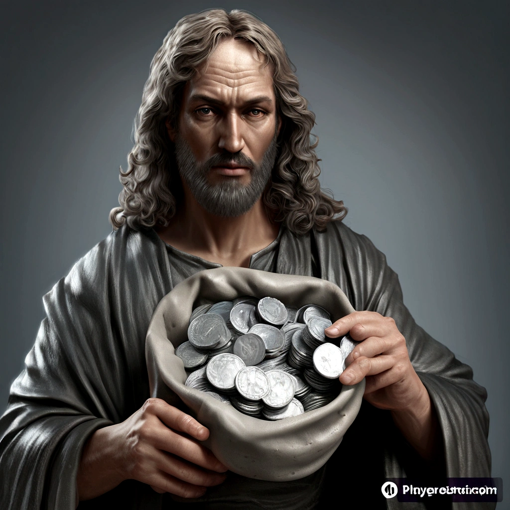blurred image of a man holding a bag of coins, Epic 3D illustrations, hyperrealistic illustration, arte conceitual de deus, epic biblical representation, hypperrealistic illustration, realistic illustration, by Roman Bezpalkiv, hyper realistic illustration, he has a treasure with him, represented as a 3D rendering, rendered art, ultra realistic illustration, ultrarealistic illustration