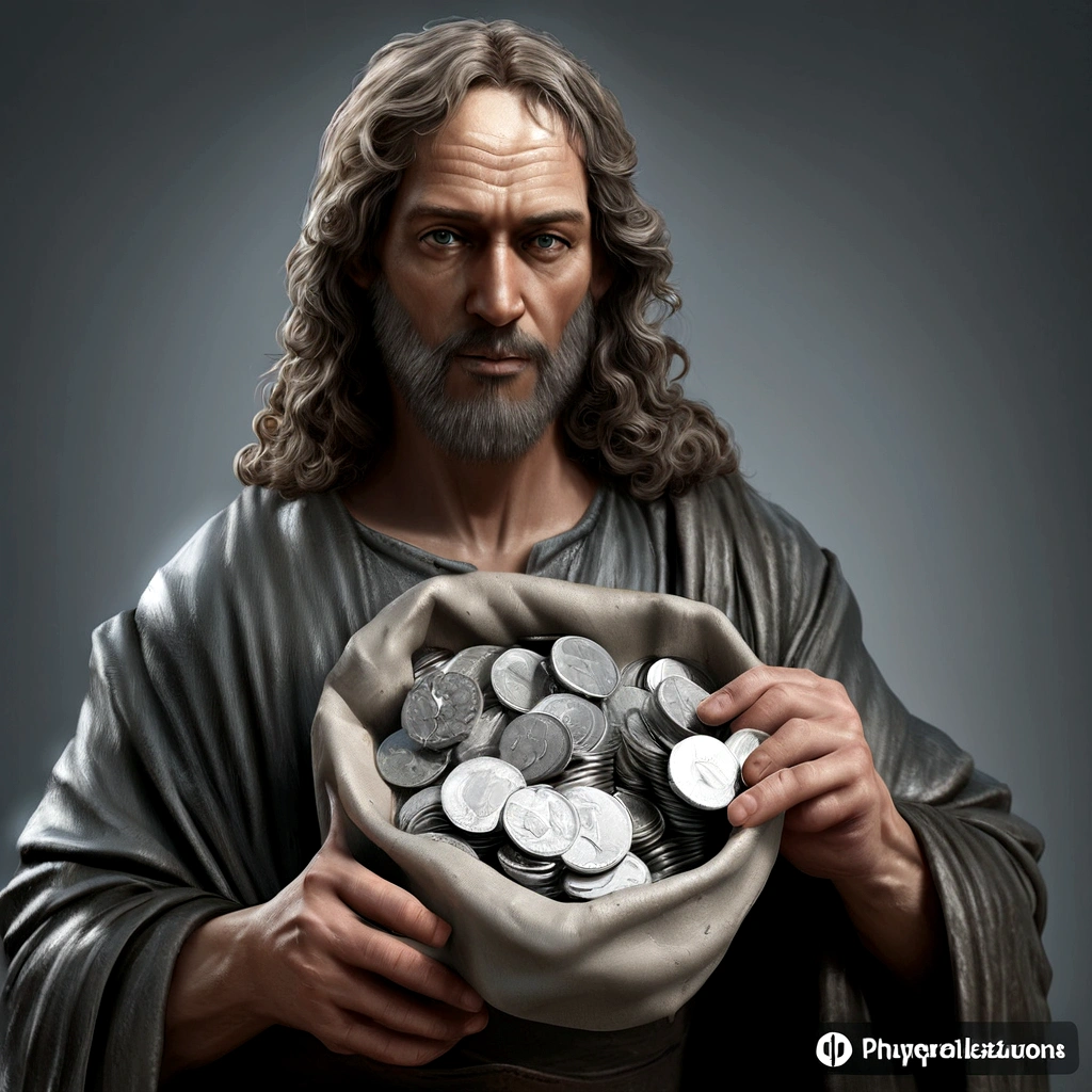 blurred image of a man holding a bag of coins, Epic 3D illustrations, hyperrealistic illustration, arte conceitual de deus, epic biblical representation, hypperrealistic illustration, realistic illustration, by Roman Bezpalkiv, hyper realistic illustration, he has a treasure with him, represented as a 3D rendering, rendered art, ultra realistic illustration, ultrarealistic illustration