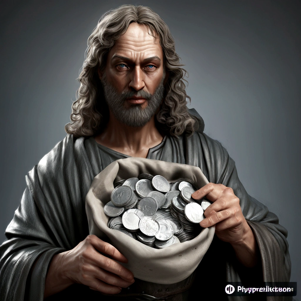 blurred image of a man holding a bag of coins, Epic 3D illustrations, hyperrealistic illustration, arte conceitual de deus, epic biblical representation, hypperrealistic illustration, realistic illustration, by Roman Bezpalkiv, hyper realistic illustration, he has a treasure with him, represented as a 3D rendering, rendered art, ultra realistic illustration, ultrarealistic illustration