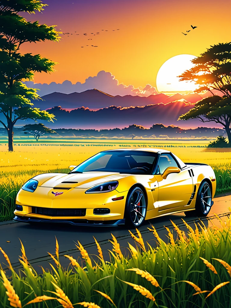 anime landscape of A pearl super space laser yellow classic 2006 Corvette ZR6 sport sits in a field of tall grass with a sunset in the background.beautiful anime scene, beautiful anime peace scene, Makoto Shinkai Cyril Rolando, beautiful anime scene, amazing wallpaper, anime art wallpaper 8k, anime background, artistic anime background, anime wallpaper 4k, anime art 4k wallpaper, anime wallpaper art 4k,
