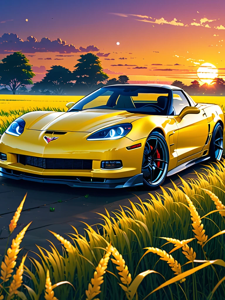 anime landscape of A pearl super space laser yellow classic 2006 Corvette ZR6 sport sits in a field of tall grass with a sunset in the background.beautiful anime scene, beautiful anime peace scene, Makoto Shinkai Cyril Rolando, beautiful anime scene, amazing wallpaper, anime art wallpaper 8k, anime background, artistic anime background, anime wallpaper 4k, anime art 4k wallpaper, anime wallpaper art 4k,